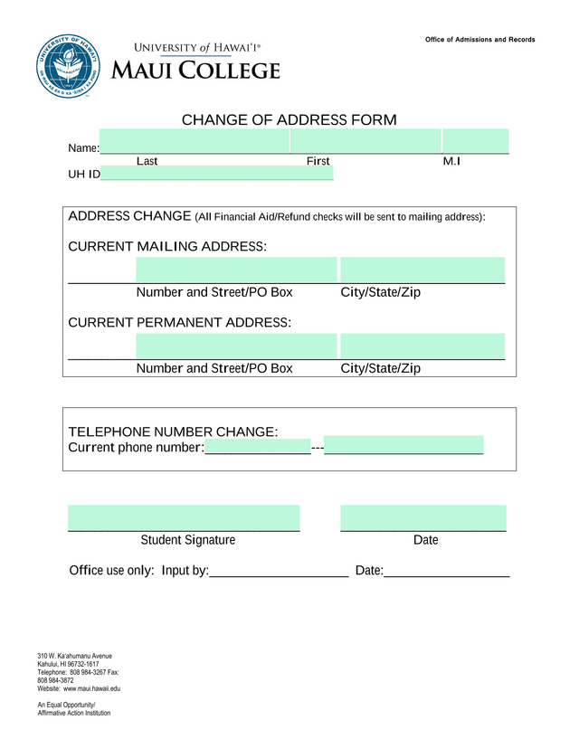 Change Of Address Form screenshot
