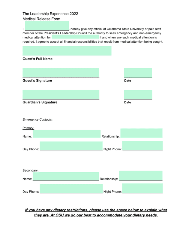 The Leadership Experience 2022 Medical Release Form screenshot