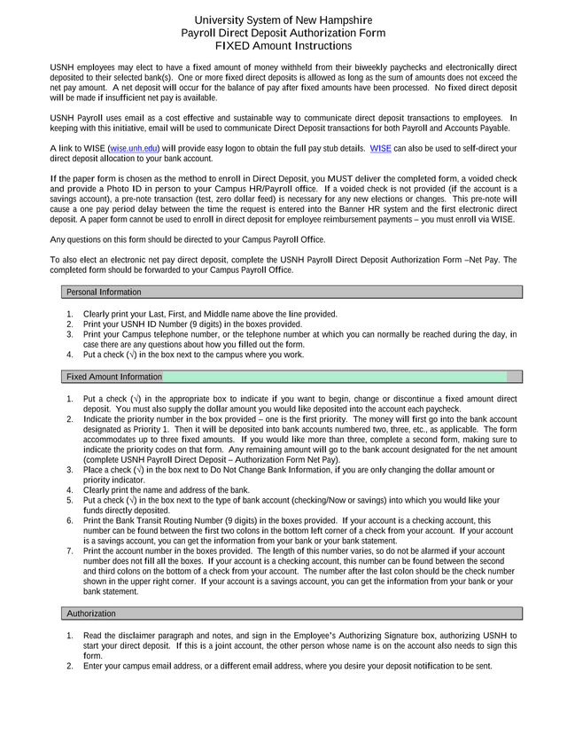 Payroll Direct Deposit Authorization Form screenshot