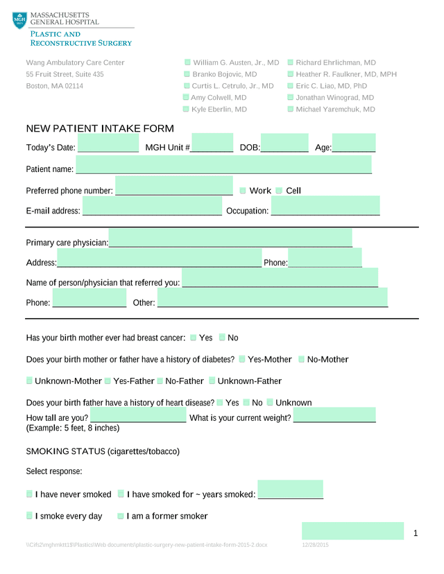NEW PATIENT INTAKE FORM screenshot