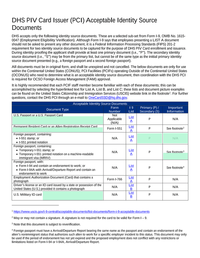 DHS PIV Card Issuer (PCI) Acceptable Identity Source Documents screenshot