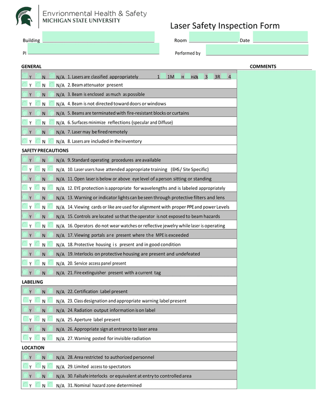 Laser Safety Inspection Form screenshot