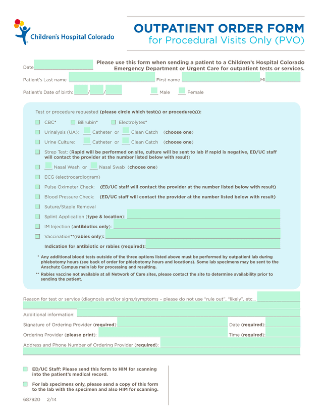 Outpatient Order Form For Procedural Visits Only (PVO) screenshot