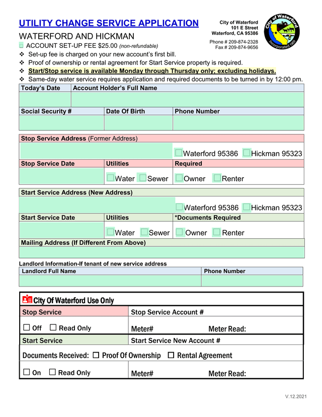UTILITY CHANGE SERVICE APPLICATION screenshot