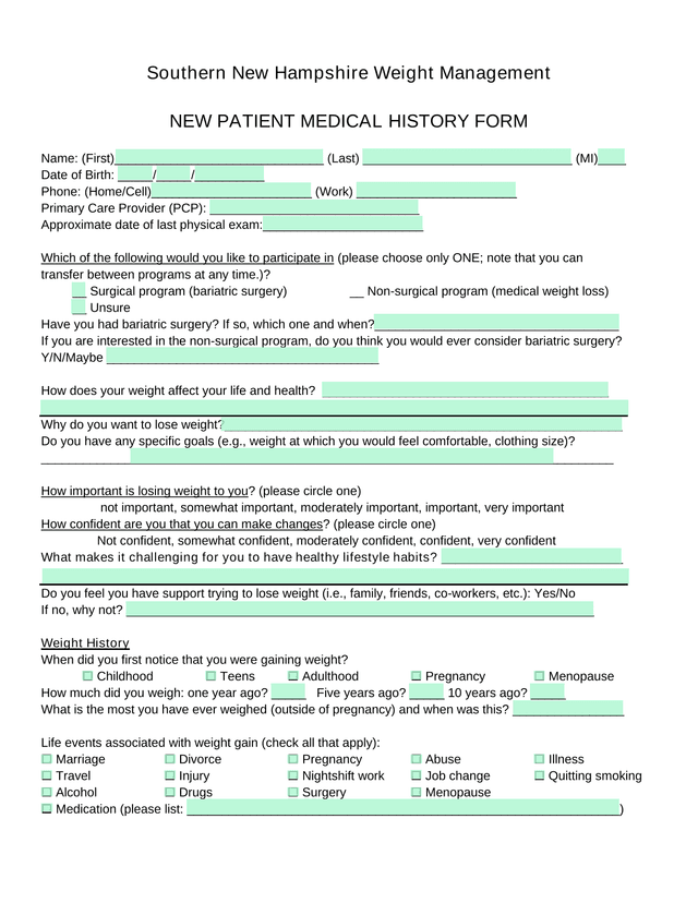 NEW PATIENT MEDICAL HISTORY FORM screenshot
