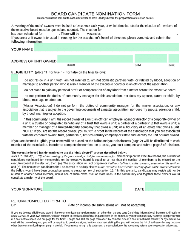 Board Candidate Nomination Form screenshot