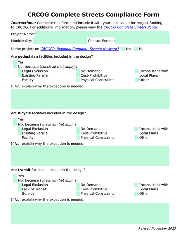 CRCOG Complete Streets Compliance Form screenshot