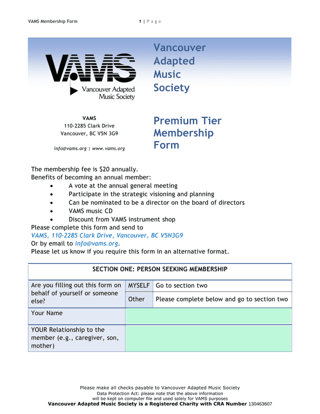 VAMS Membership Form screenshot