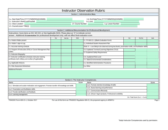 Instructor Observation Rubric screenshot