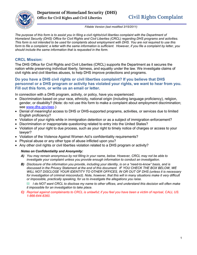 Civil Rights Complaint screenshot