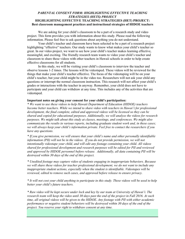 Parental Consent Form Highlighting Effective Teaching Strategies (HETS) Project screenshot