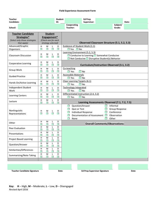 Field Experience Assessment Form screenshot