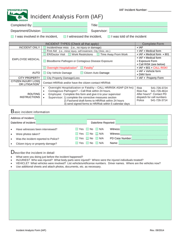 Incident Analysis Form (IAF) screenshot