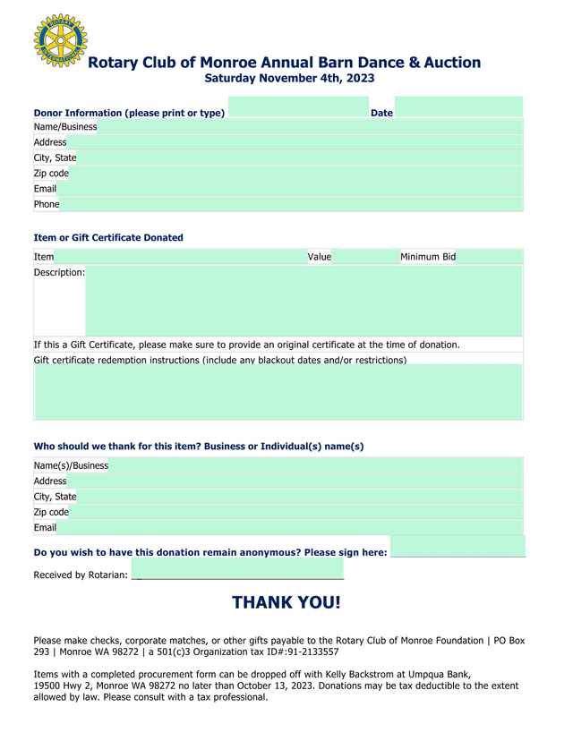 Rotary Club Of Monroe Annual Barn Dance  Auction Donor Information Form screenshot