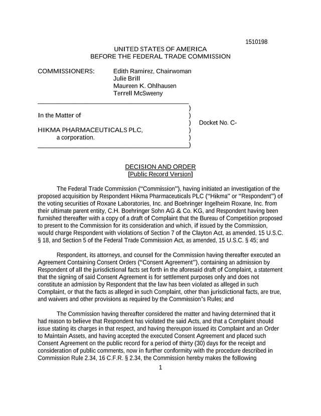 Decision And Order In The Matter Of Hikma Pharmaceuticals PLC screenshot