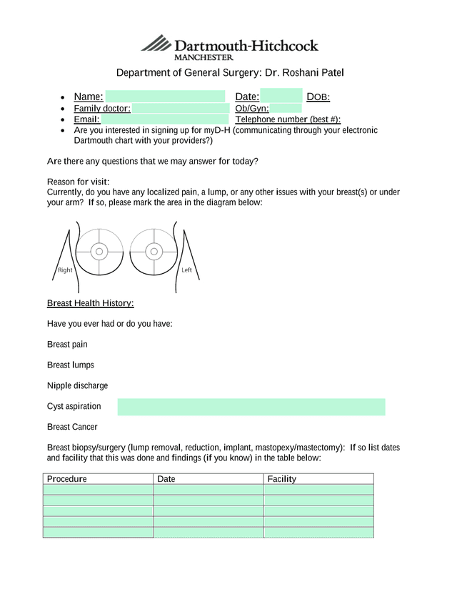 Breast Health History Form screenshot