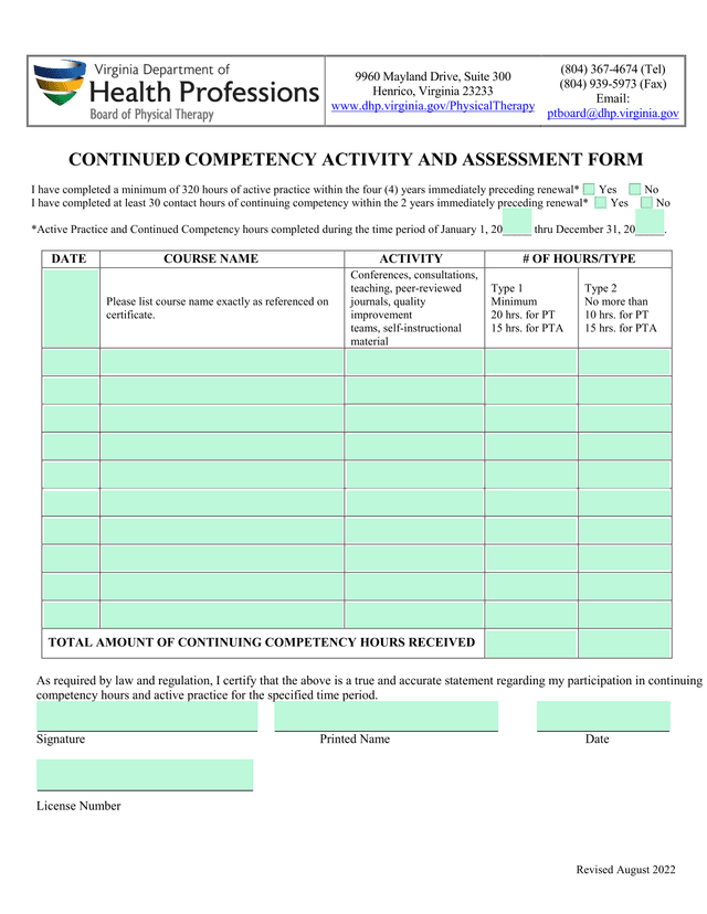 Continued Competency Activity And Assessment Form screenshot