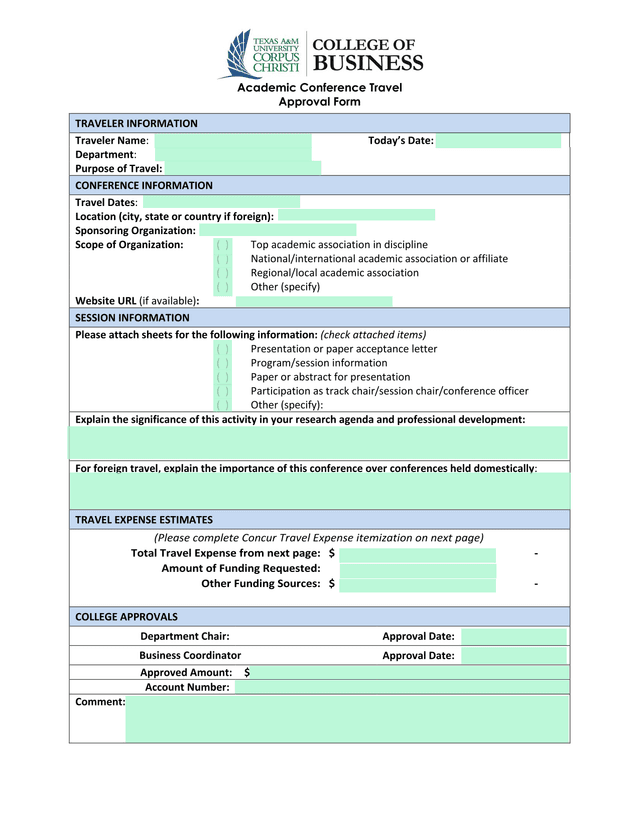 Academic Conference Travel Approval Form screenshot