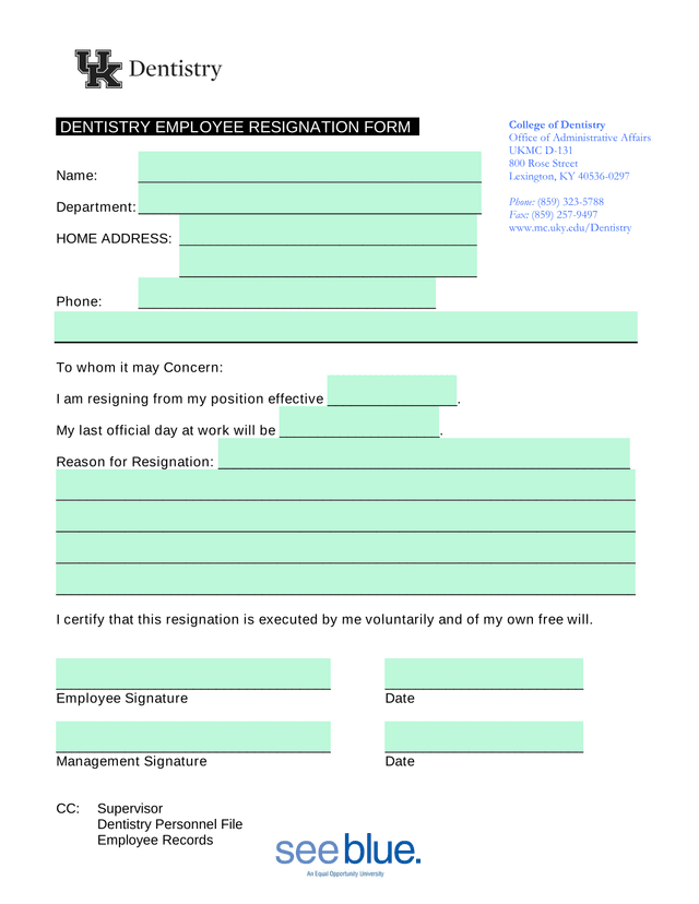 Dentistry Employee Resignation Form screenshot