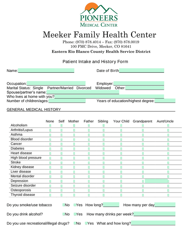 Patient Intake And History Form screenshot