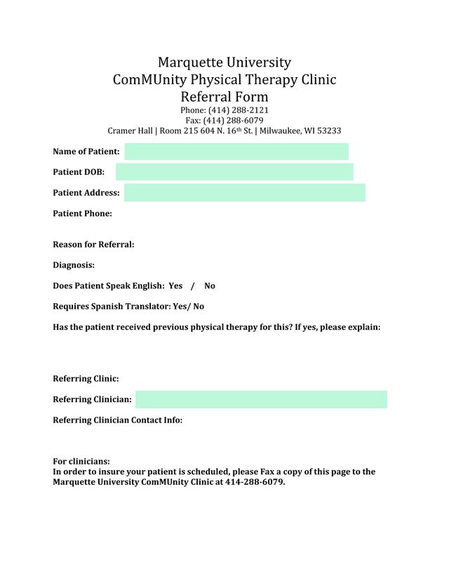 Marquette University ComMUnity Physical Therapy Clinic Referral Form screenshot