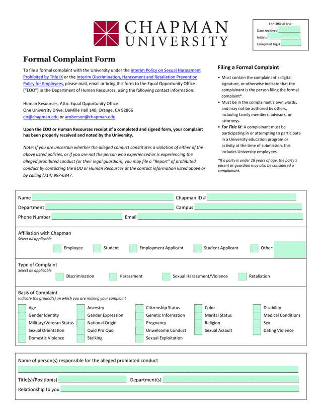 Formal Complaint Form screenshot