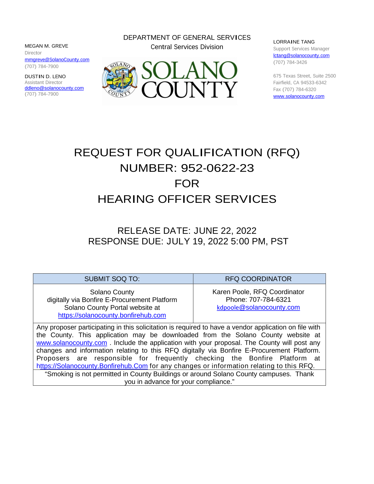 REQUEST FOR QUALIFICATION (RFQ) NUMBER 952 0622 23 FOR HEARING OFFICER SERVICES screenshot