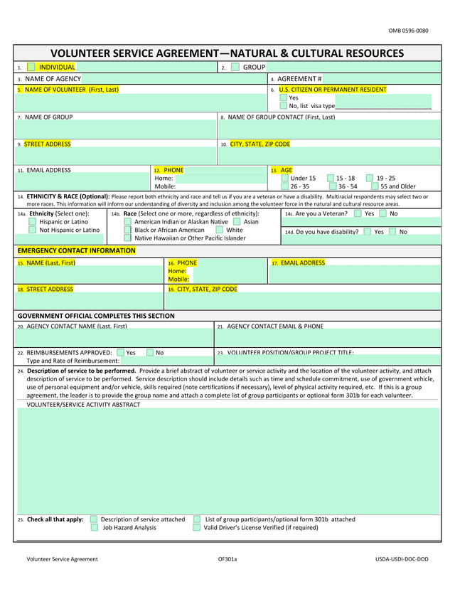 Volunteer Service Agreement OF301a screenshot