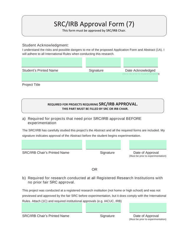 SRCIRB Approval Form screenshot