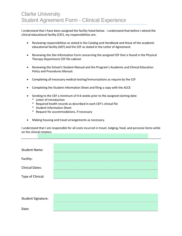 Student Agreement Form   Clinical Experience screenshot