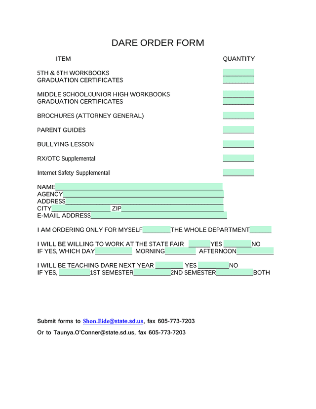 DARE Order Form screenshot