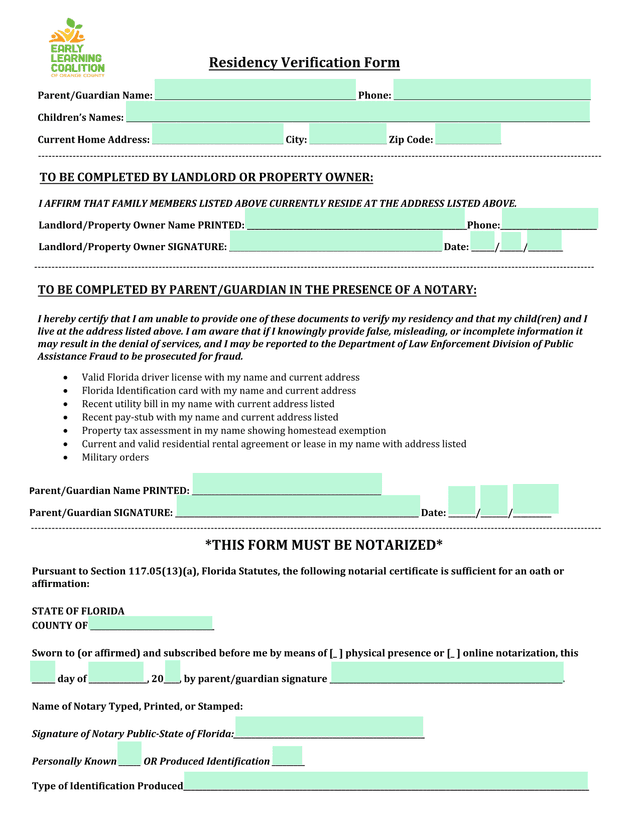 Residency Verification Form screenshot