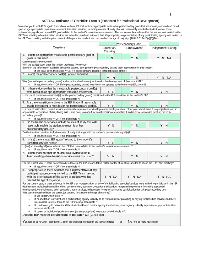 NSTTAC Indicator 13 Checklist Form B (Enhanced For Professional Development) screenshot