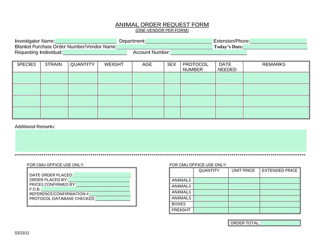 ANIMAL ORDER REQUEST FORM screenshot