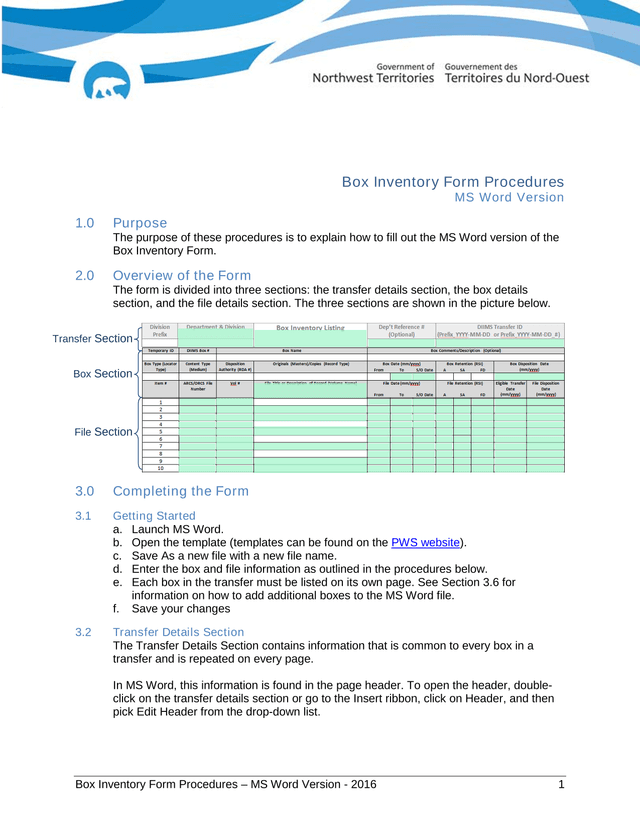 Box Inventory Form Procedures  MS Word Version screenshot
