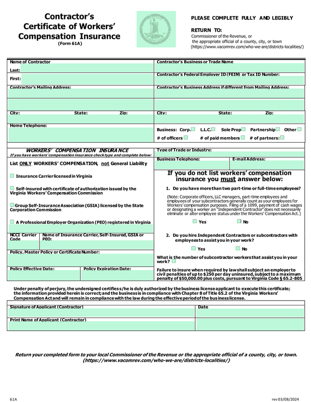 ContractorS Certificate Of Workers Compensation Insurance (Form 61A) screenshot
