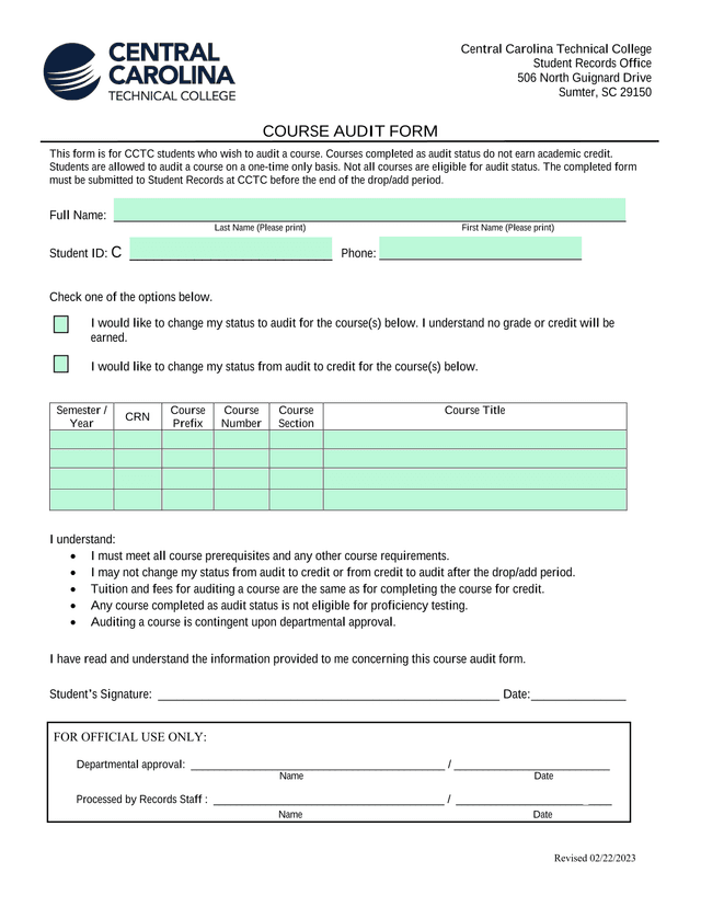 COURSE AUDIT FORM screenshot