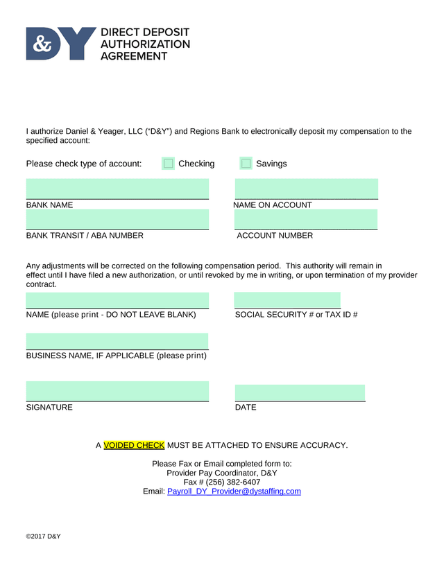 Direct Deposit Authorization Form screenshot