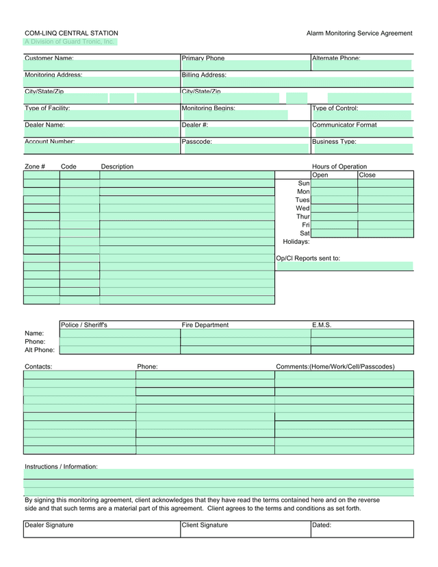 COM LINQ CENTRAL STATION Alarm Monitoring Service Agreement screenshot