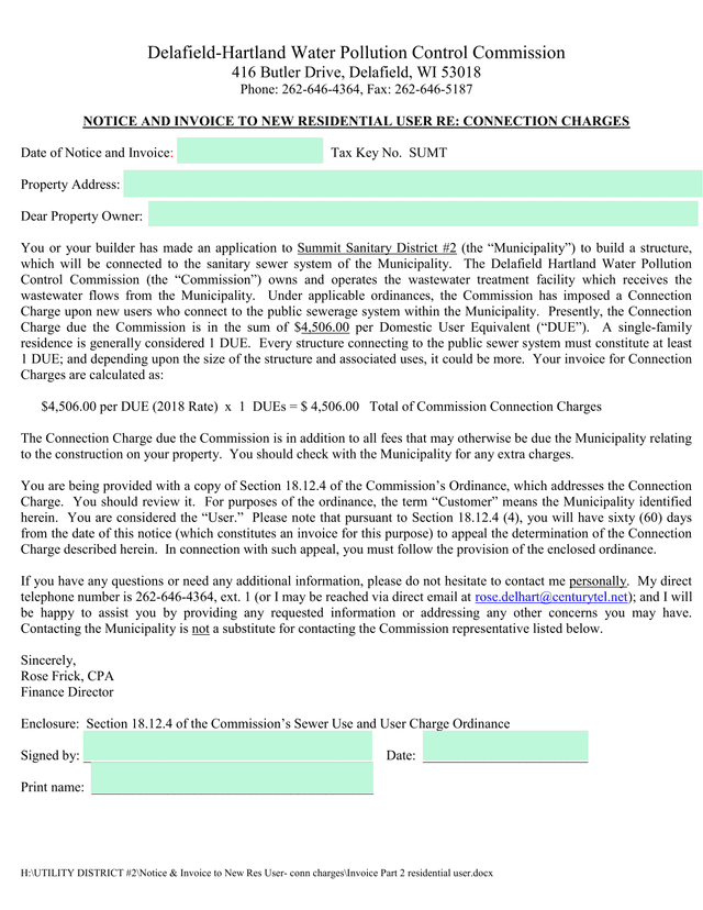 Notice And Invoice To New Residential User RE Connection Charges screenshot