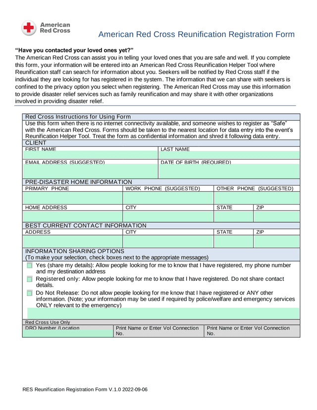 RES Reunification Registration Form screenshot