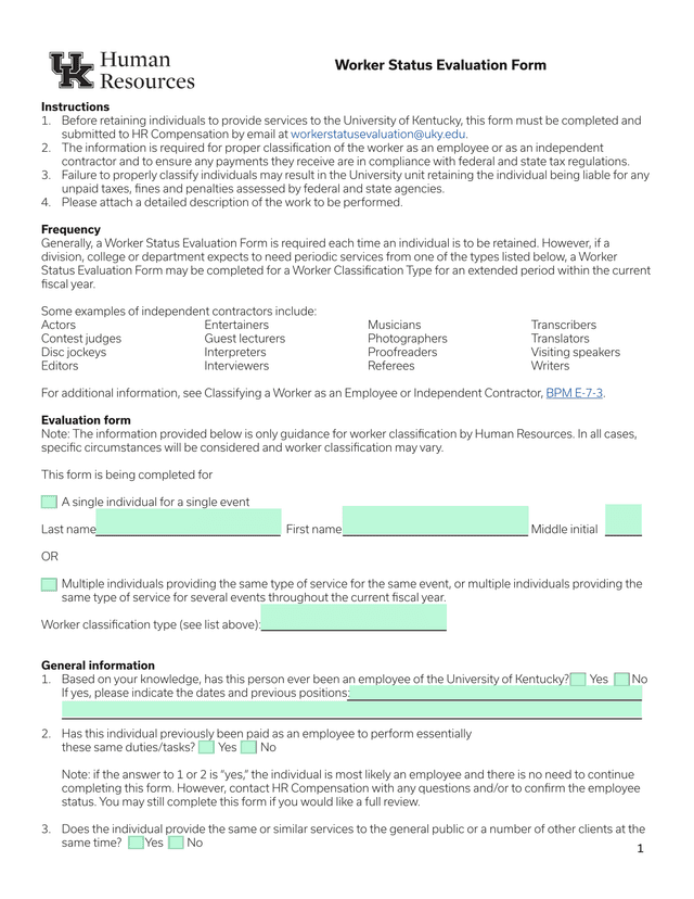 Worker Status Evaluation Form screenshot