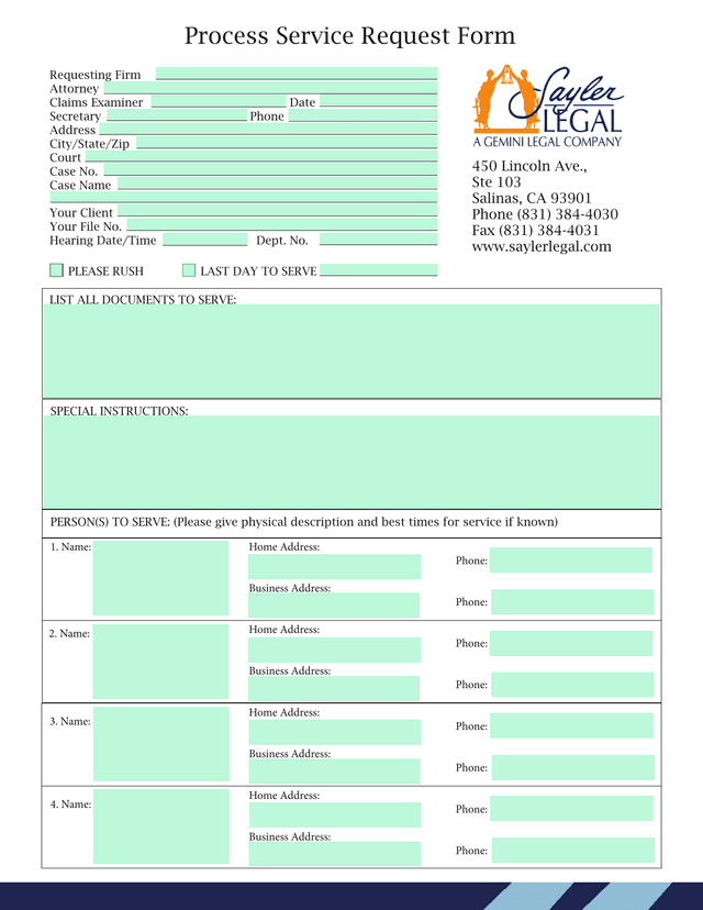 Process Service Request Form screenshot