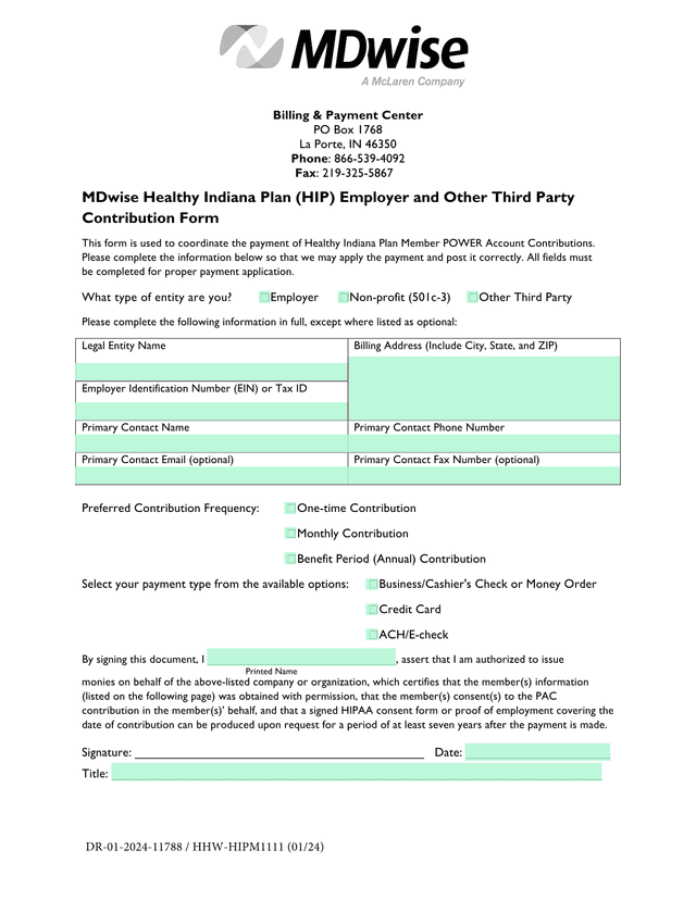 MDwise Healthy Indiana Plan (HIP) Employer And Other Third Party Contribution Form screenshot