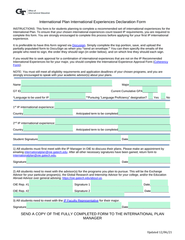 International Plan International Experiences Declaration Form screenshot