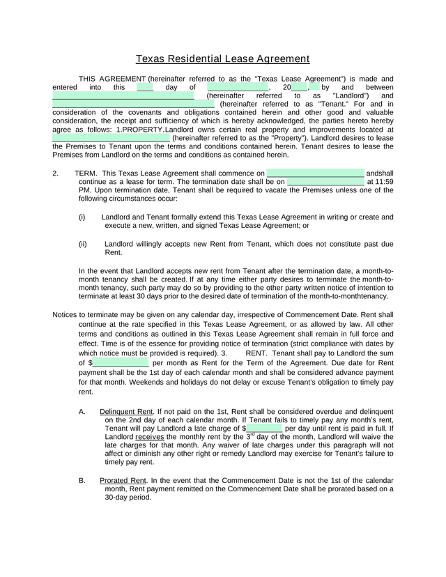 Texas Residential Lease Agreement screenshot