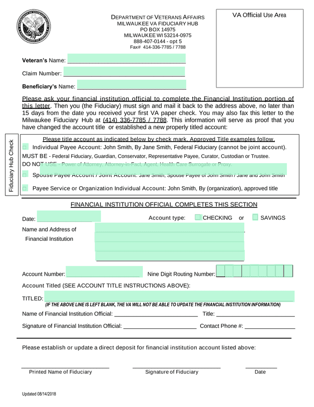VA Fiduciary Hub Financial Institution Information Form screenshot