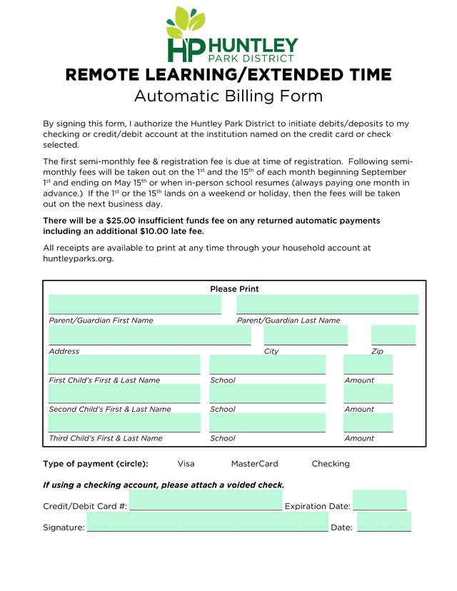 Remote LearningExtended Time Automatic Billing Form screenshot
