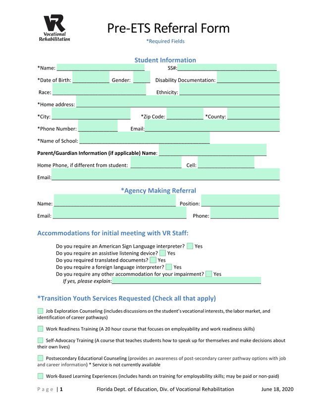 Pre ETS Referral Form screenshot