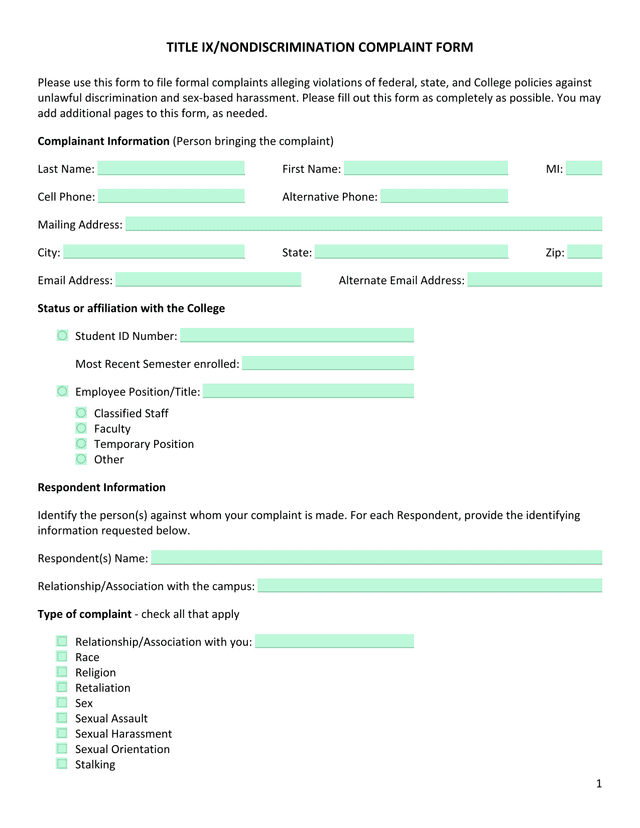 TITLE IXNONDISCRIMINATION COMPLAINT FORM screenshot